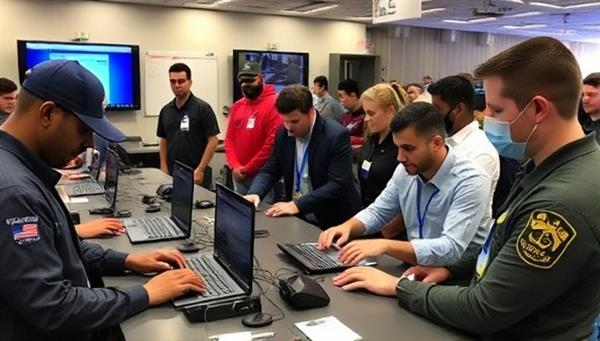 An educational setting with cybersecurity experts demonstrating advanced techniques to a diverse group of government employees, illustrating hands-on training and skill development.