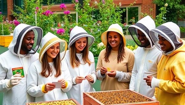 A group of diverse individuals in beekeeping suits, smiling and learning about bees while surrounded by blooming urban gardens and buzzing honeybees, capturing the interactive and educational aspect of BuzzHive Adventures.