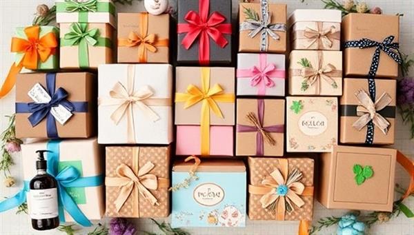 An array of beautifully arranged and personalized gift boxes, each adorned with unique decorations and themes, surrounded by colorful ribbons and natural elements, evoking a sense of joy and thoughtfulness in gifting.