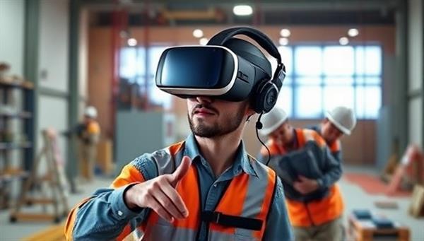 A construction worker wearing a VR headset, immersed in a virtual job site environment, interacting with digital tools and practicing safety procedures, illustrating the innovative training approach.