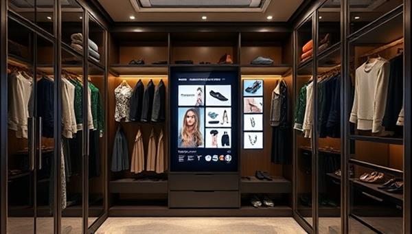 An elegant closet with a digital screen displaying outfit suggestions, fashion accessories, and style inspirations, creating a futuristic and personalized styling experience with StylistIQ.