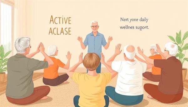 A heartwarming illustration of a group of seniors participating in a virtual fitness class led by a coach, demonstrating gentle stretches and exercises, with digital wellness trackers and motivational messages in the background, promoting active aging and community support through ForeverFit.
