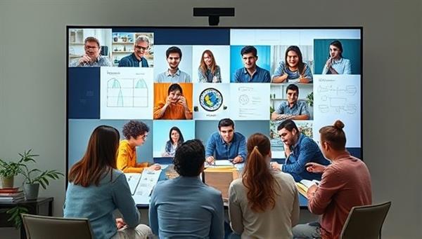An interactive study group session displayed on a screen, featuring diverse students engaged in discussions, sharing notes, and collaborating on assignments virtually, with digital study materials and virtual whiteboards visible, promoting a dynamic and collaborative learning environment.