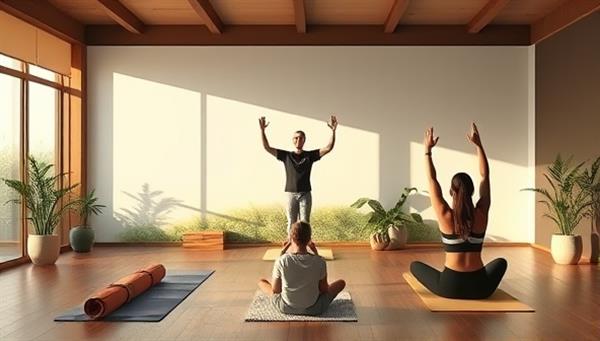 An inviting and serene virtual yoga session depicted on the platform, showing an instructor leading a class with calming music, virtual nature backgrounds, and participants engaging in poses, fostering a sense of relaxation and connection in the online studio.