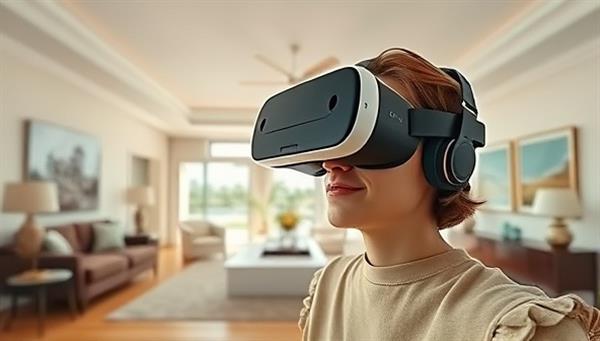 An individual wearing a VR headset, exploring a virtual property tour with a 360-degree view of a luxurious living room, creating a sense of immersion and excitement in the real estate search process.
