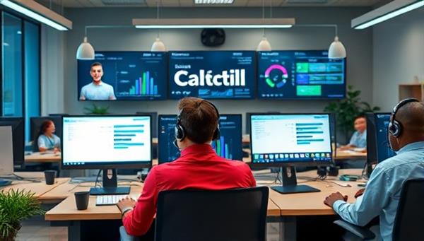 An office setting showcasing a virtual call center operation with agents handling customer calls through headsets and computer screens displaying call analytics and performance metrics, symbolizing the efficiency and professionalism of the cloud-based call center solution.