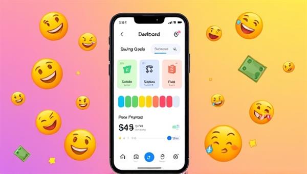An engaging app interface showcasing a colorful dashboard with savings goals, spending insights, and a progress tracker, surrounded by happy emojis and money icons to convey financial success and joy.
