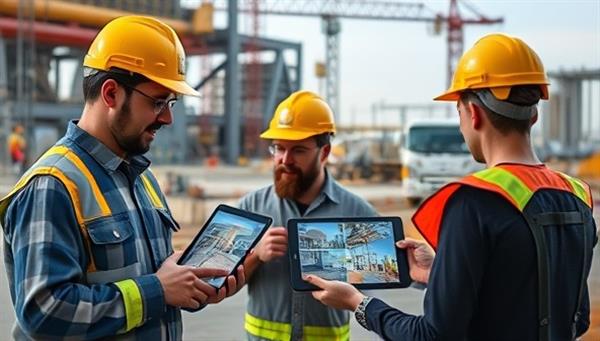 An online learning environment depicting construction workers engaging in interactive safety training modules on their devices, with virtual simulations of construction site scenarios, emphasizing practical learning and skill development in a digital format.