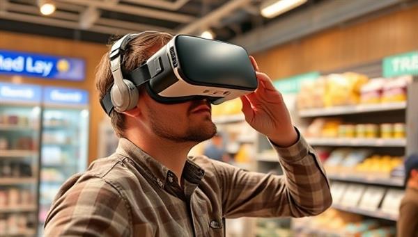 An individual wearing a VR headset and interacting with a virtual representation of a local store, experiencing the products and services in a lifelike and engaging VR environment, highlighting the immersive nature of VR ad experiences.