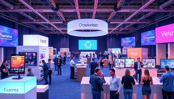 An artistic rendering of a digital event space with virtual booths, interactive stages, and networking lounges, showcasing the versatility and creativity of virtual event planning, with attendees engaging in various activities and discussions.
