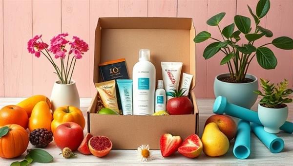An enticing image of a beautifully designed subscription box filled with vibrant health and wellness products, surrounded by fresh fruits, exercise equipment, and potted plants, evoking feelings of vitality and self-care.