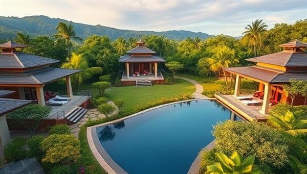 A serene landscape of ZenHaven Estates featuring luxury retreat villas surrounded by lush gardens, tranquil meditation spaces, and infinity pools, evoking a sense of peace, wellness, and luxury living in a harmonious natural setting.