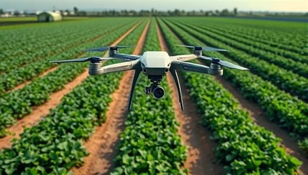 An aerial view of a modern farm with rows of crops, showcasing a drone equipped with sensors flying overhead to monitor crop health and irrigation patterns, reflecting the precision and efficiency of SkySowers