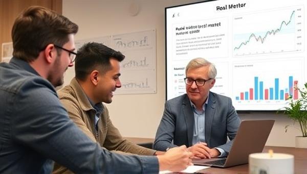 An experienced real estate mentor providing guidance and advice to a mentee through a virtual meeting, with charts and real estate market insights displayed in the background, illustrating a supportive and educational mentorship experience.