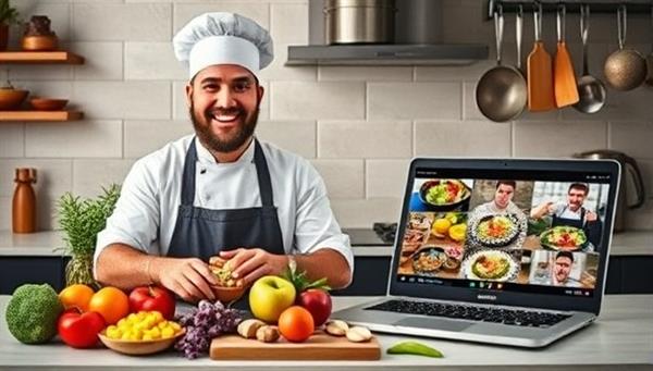 An enticing virtual cooking class setup with a chef showcasing colorful ingredients, modern kitchen tools, and a laptop displaying a live cooking session, creating an interactive and educational culinary experience.