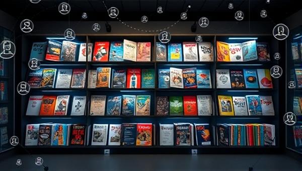 An imaginative digital visualization of a personalized magazine library with dynamic shelves showcasing diverse magazine covers and genres, surrounded by floating AI algorithms and user profiles, illustrating the tailored content experience delivered by MagiZine Custom.