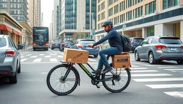 An image of a cargo bike courier navigating through city streets with a loaded cargo container, passing by congested traffic lanes and promoting the efficiency and environmental benefits of using EcoHaul Express for urban deliveries.