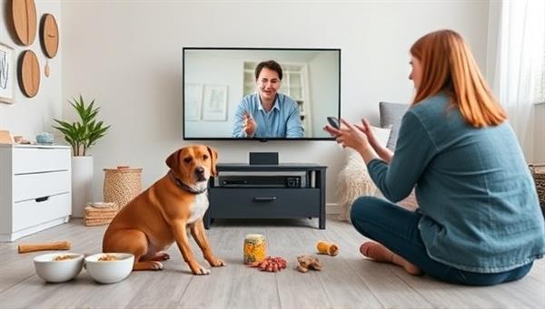 A virtual pet training setup with a trainer coaching a pet owner and their dog through a training exercise via video call, with pet treats, toys, and training props in the background, creating an interactive and engaging space for online pet training and behavior consulting.