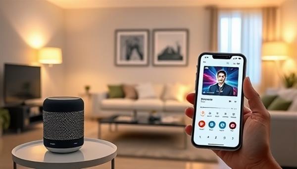 A modern living room setting with smart lights dimming, a smart speaker playing music, and a mobile phone displaying the app interface, illustrating a connected and futuristic home environment.