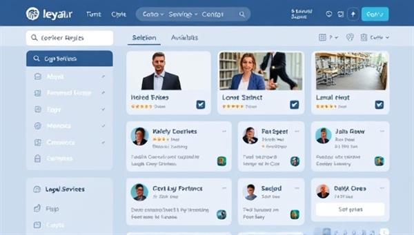 An online legal marketplace interface displaying a variety of legal services available for selection, with profiles of legal professionals and client reviews visible, creating a user-friendly and transparent platform for legal service transactions.