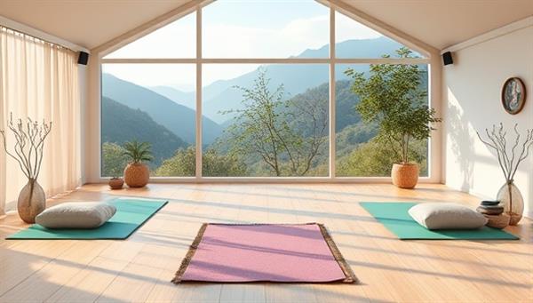 A serene virtual wellness retreat environment with tranquil nature settings, virtual yoga mats, meditation cushions, and relaxation spaces, where users and wellness experts engage in mindful practices, fostering a sense of peace and well-being in a virtual retreat setting.