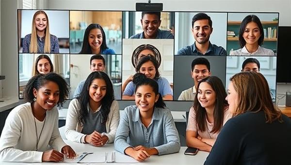 A diverse group of students and STEM professionals engaging in a virtual mentorship session, sharing knowledge, insights, and project ideas in a collaborative and inspiring learning environment, reflecting the transformative impact of STEMReach mentorship platform.