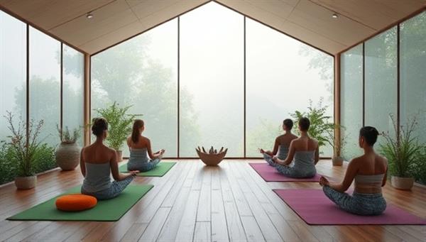 A serene virtual retreat space with calming nature sounds, yoga mats, meditation cushions, and virtual attendees engaging in a mindfulness session led by an experienced wellness instructor, creating a peaceful and immersive wellness experience.