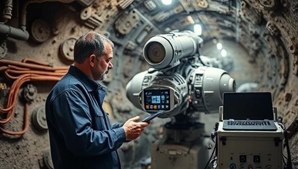 A maintenance technician conducting a check-up on a mining robot in an underground tunnel, surrounded by high-tech diagnostic tools and equipment, showcasing the precision and expertise of RoboCare Mining Solutions.