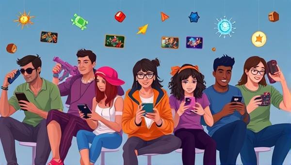 An animated illustration of a diverse group of gamers playing various niche games on different devices, with colorful game elements floating around, representing the unique and engaging gaming experiences offered by NichePlay Network.