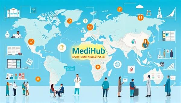 An illustrative depiction of the MediHub Global virtual healthcare marketplace showcasing a diverse array of healthcare services, providers, and specialties from around the world, symbolizing global healthcare access and choice at the fingertips of users seeking medical solutions.