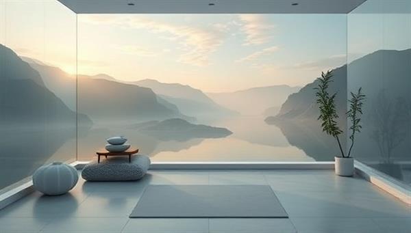 A serene virtual wellness space featuring tranquil nature scenes, calming colors, and mindfulness resources, evoking a sense of peace, relaxation, and emotional well-being, symbolizing a digital sanctuary for mental health and self-care.