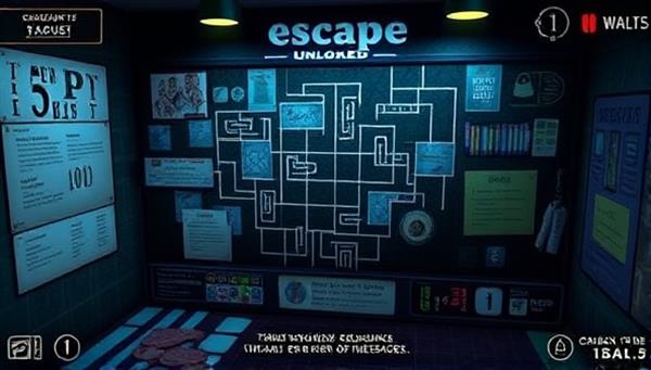 A virtual escape room scenario with intricate puzzles, hidden clues, and interactive elements displayed on a digital screen, creating a suspenseful and immersive gaming experience for players navigating the Escape Unlocked challenges.