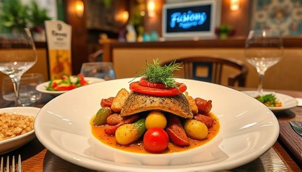 An eclectic dining setting featuring a beautifully plated fusion dish that combines elements from different cuisines, surrounded by culturally inspired decor, exotic ingredients, and vibrant colors, evoking a sensory journey through diverse culinary traditions at FusionFlavors Bistro.