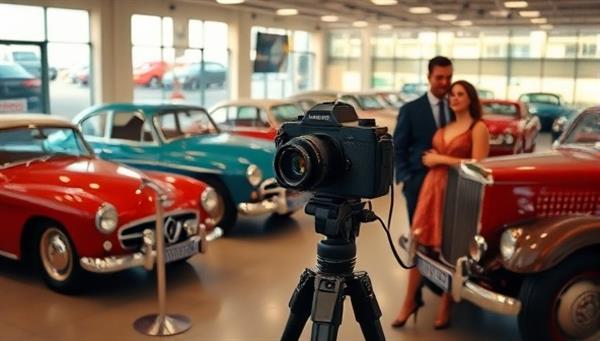 A vintage car showroom with classic cars displayed under soft lighting, a vintage camera on a tripod capturing the beauty of the cars, and a couple dressed in retro attire posing for a photo, evoking a sense of nostalgia and elegance.