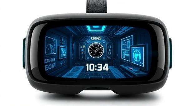 A virtual reality headset displaying a futuristic escape room scenario with intricate puzzles, mysterious clues, and a digital countdown timer, capturing the essence of the virtual adventure.