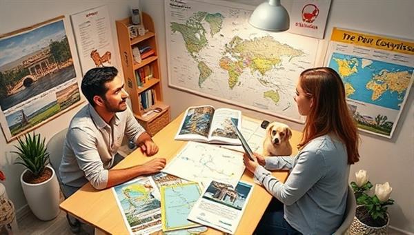 A captivating visual of a virtual pet travel planning session with a pet owner discussing travel options with a pet travel concierge, surrounded by travel brochures, maps, and images of pet-friendly destinations, creating a sense of excitement and adventure.