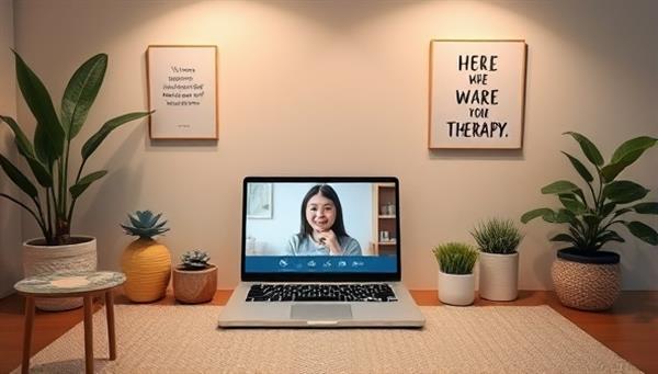 A calming virtual room setup with a laptop displaying a therapy session, surrounded by soothing décor, plants, and inspirational quotes, creating a safe and inviting space for mental health support.
