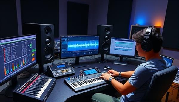 An online music production studio setup with digital audio workstations, MIDI controllers, and mixing equipment, featuring a beginner student creating music tracks and experimenting with sound effects in a virtual learning environment, symbolizing creativity and musical learning in the digital age.