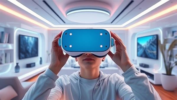 An engaging VR headset display with a user exploring a digitally rendered living room space, surrounded by futuristic design elements and interactive customization features, illustrating the innovative and immersive nature of virtual reality home design.