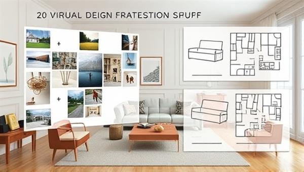 An artistic representation of a virtual interior design consultation session, featuring a digital mood board, room layout plans, and furniture suggestions superimposed on a room photo, creating a visual narrative of the design process and transformation possibilities.