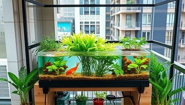 An aesthetically designed aquaponics system integrated into a stylish urban apartment balcony, showcasing a harmonious ecosystem of fish tanks and lush greenery, illustrating the beauty and functionality of urban aquaponics.