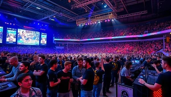 An engaging visual of a crowded eSports arena filled with enthusiastic gamers competing in a high-stakes tournament, with colorful LED screens displaying live gameplay and cheering spectators, capturing the excitement of competitive gaming.