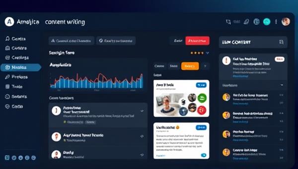 An AI-powered content creation dashboard displaying real-time analytics, keyword suggestions, and content templates for users, demonstrating the seamless integration of technology and creativity in content writing.