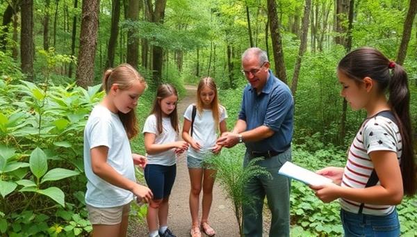An engaging outdoor scene with a group of students and a guide exploring a lush forest trail, pointing out plant species and wildlife, with educational props like magnifying glasses and field guides, promoting hands-on learning in nature.