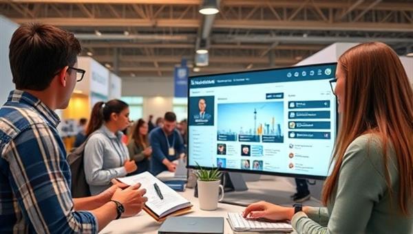 An interactive virtual internship fair scene featuring students exploring remote internship opportunities on the InternLink platform, engaging with company profiles and internship listings, highlighting the convenience and accessibility of remote internships facilitated by InternLink.