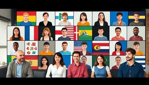 A virtual language exchange room with avatars representing users from different countries engaging in language practice, cultural discussions, and mutual learning, creating a vibrant and inclusive online community for language enthusiasts.