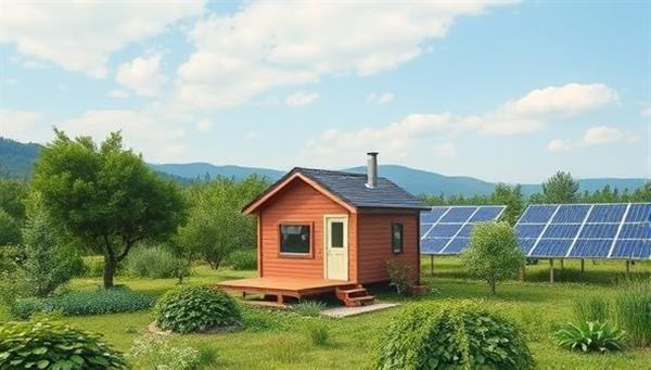A picturesque landscape featuring a small, eco-friendly tiny home surrounded by lush greenery and solar panels, capturing the essence of sustainable living and minimalistic design.