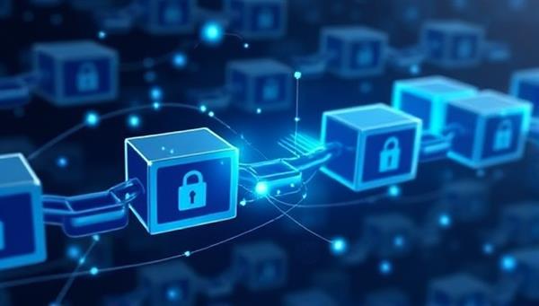 An illustration of interconnected blockchain blocks forming a digital chain, with financial data flowing securely between them, symbolizing transparency and data integrity in accounting processes.
