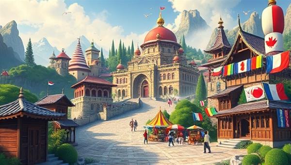 An immersive virtual world featuring diverse cultural settings, language-themed challenges, and interactive language lessons with avatar characters speaking different languages, highlighting the educational and adventurous aspects of the language learning RPG experience.