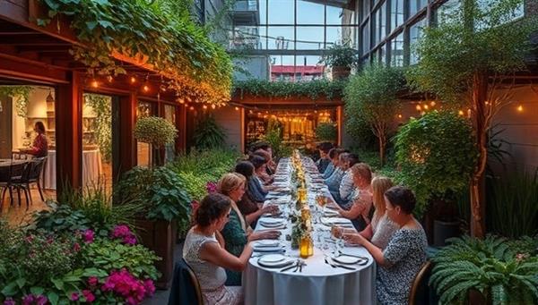 An urban oasis transformed into a charming dinner setting with guests dining amidst lush greenery and locally-sourced produce, creating a farm-to-table experience in the heart of the city.